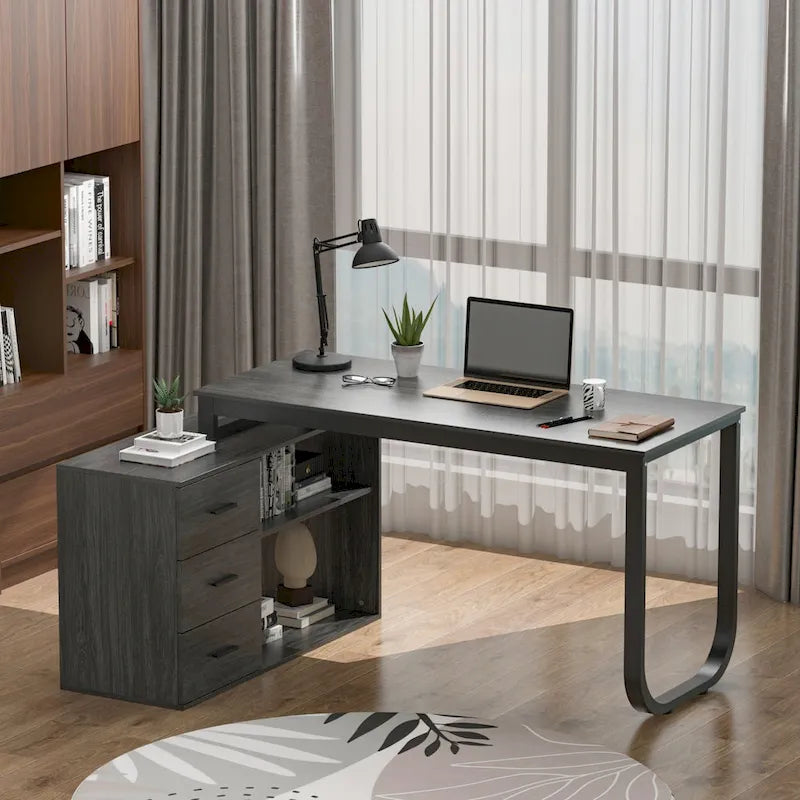 Tables d'ordinateur de bureau de direction en L à 3 tiroirs avec armoire de rangement