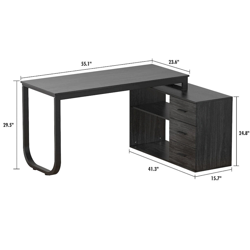 Tables d'ordinateur de bureau de direction en L à 3 tiroirs avec armoire de rangement