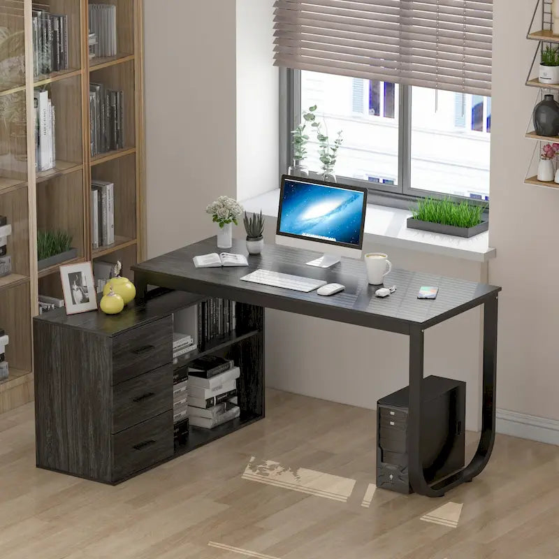 Tables d'ordinateur de bureau de direction en L à 3 tiroirs avec armoire de rangement