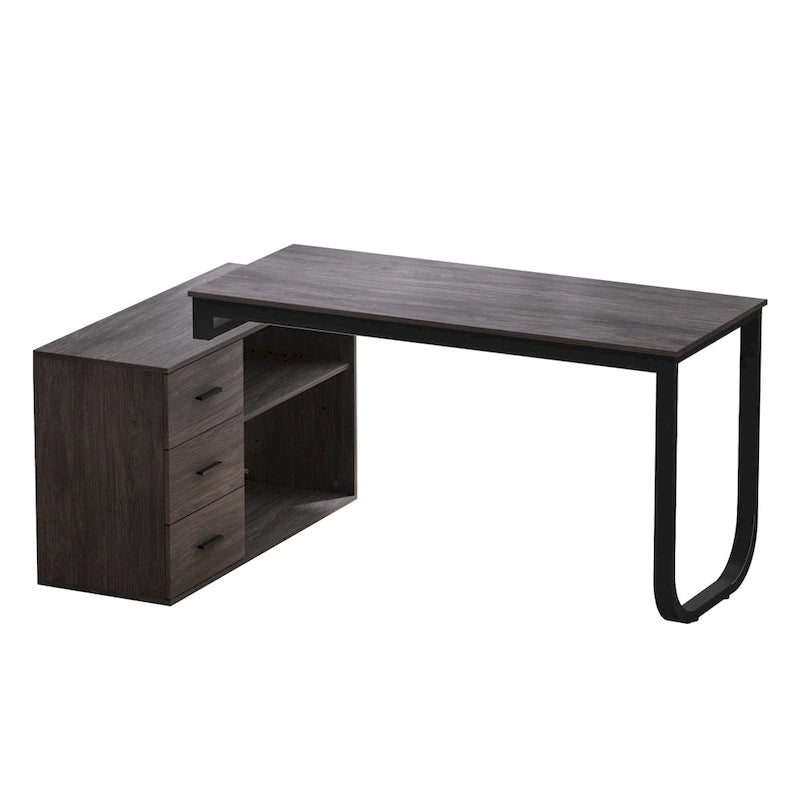 Tables d'ordinateur de bureau de direction en L à 3 tiroirs avec armoire de rangement