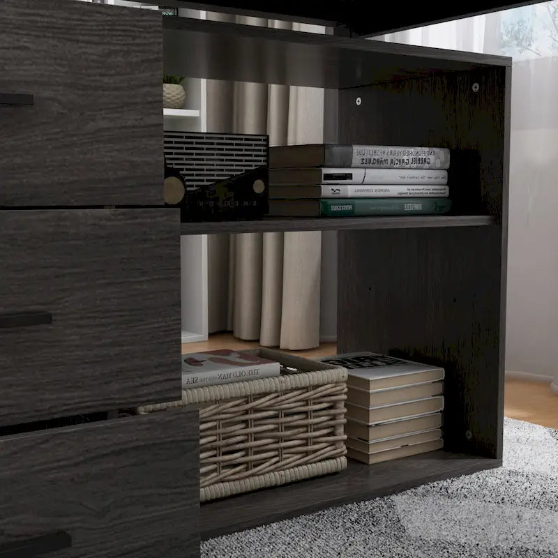 Tables d'ordinateur de bureau de direction en L à 3 tiroirs avec armoire de rangement