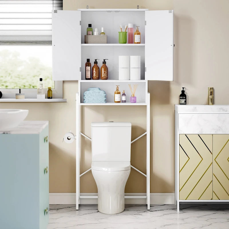 Étagère de rangement haute de 67 po pour toilettes avec base en métal au-dessus des toilettes