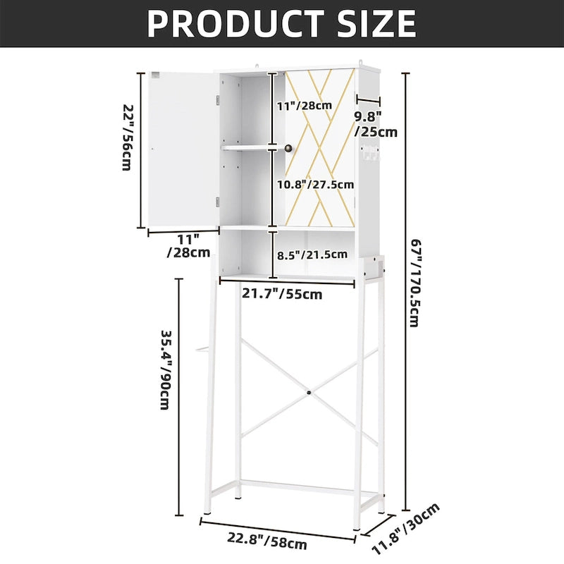 Étagère de rangement haute de 67 po pour toilettes avec base en métal au-dessus des toilettes