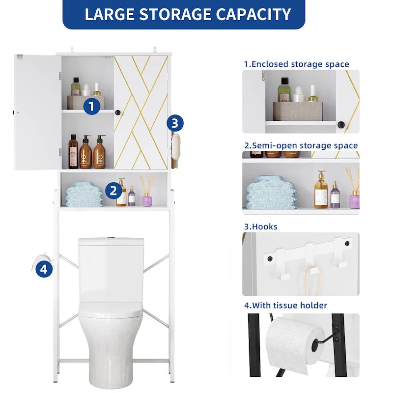 Étagère de rangement haute de 67 po pour toilettes avec base en métal au-dessus des toilettes