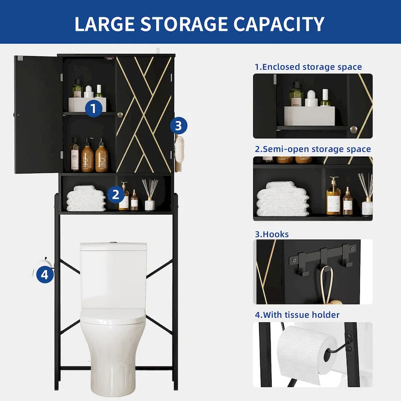 Étagère de rangement haute de 67 po pour toilettes avec base en métal au-dessus des toilettes