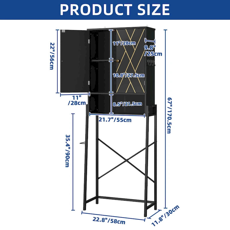 Étagère de rangement haute de 67 po pour toilettes avec base en métal au-dessus des toilettes