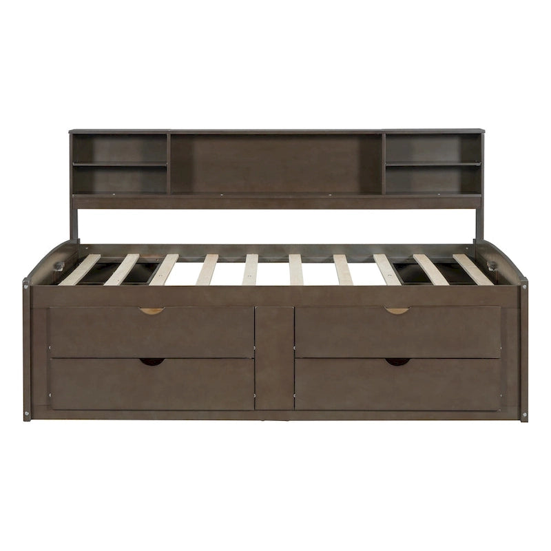 Lit de Repos Double en Bois avec 2 Tables de Chevet, Étagères Supérieures et 4 Tiroirs, Marron Antique
