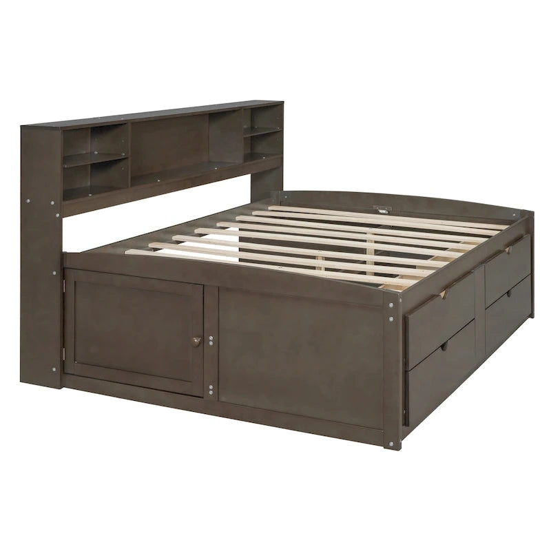 Lit de Repos Double en Bois avec 2 Tables de Chevet, Étagères Supérieures et 4 Tiroirs, Marron Antique