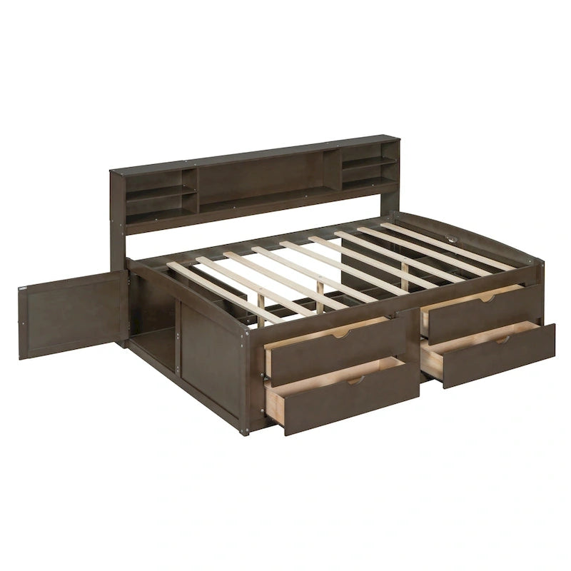 Lit de Repos Double en Bois avec 2 Tables de Chevet, Étagères Supérieures et 4 Tiroirs, Marron Antique