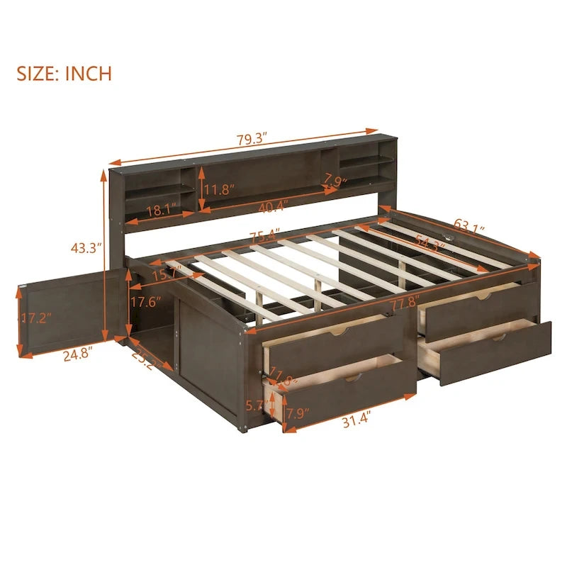 Lit de Repos Double en Bois avec 2 Tables de Chevet, Étagères Supérieures et 4 Tiroirs, Marron Antique