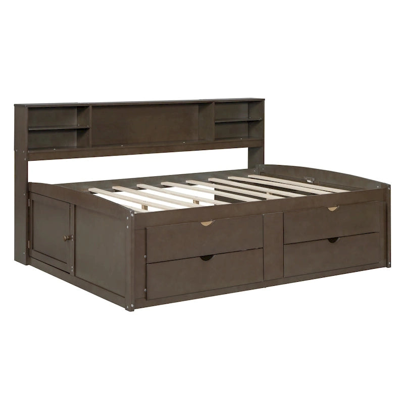 Lit de Repos Double en Bois avec 2 Tables de Chevet, Étagères Supérieures et 4 Tiroirs, Marron Antique