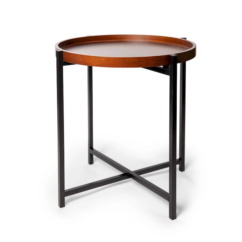 Table d'appoint ronde Mid-century Modern avec plateau en bois amovible