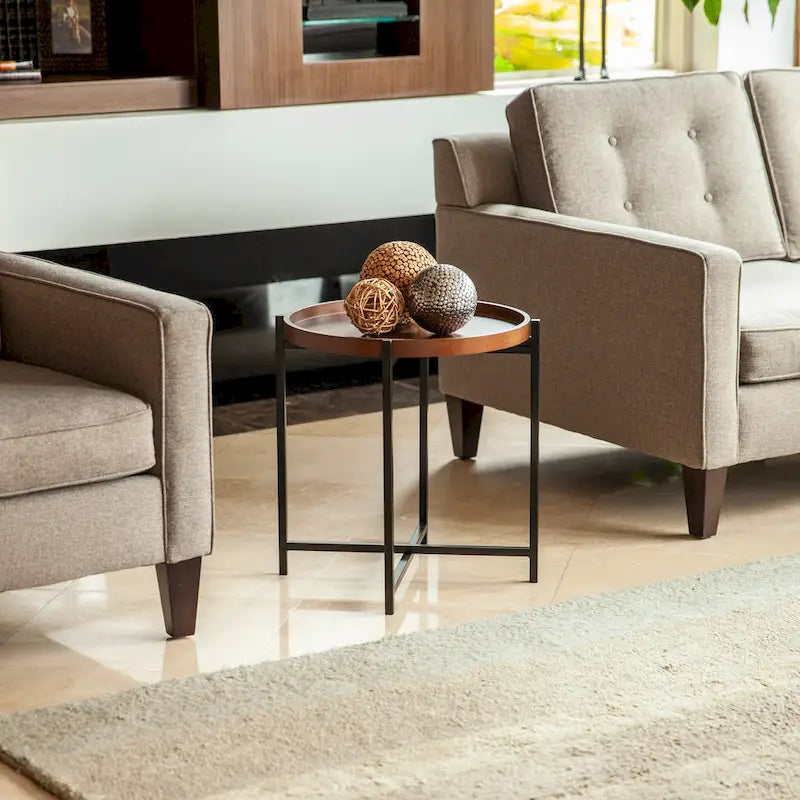 Table d'appoint ronde Mid-century Modern avec plateau en bois amovible