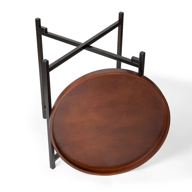 Table d'appoint ronde Mid-century Modern avec plateau en bois amovible
