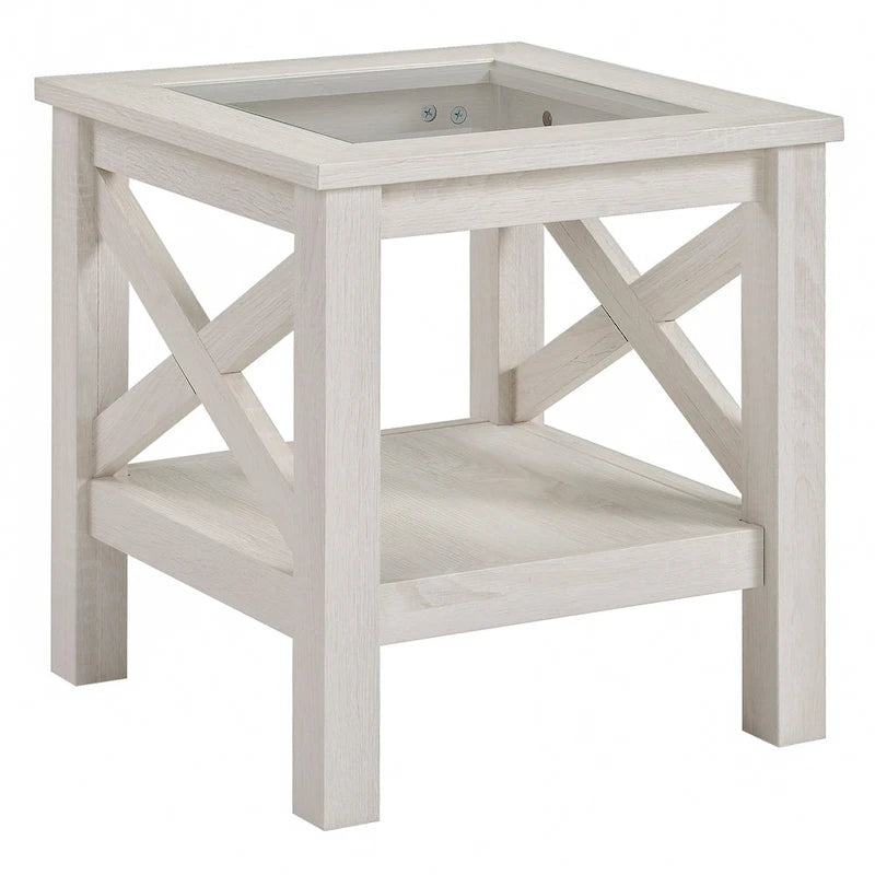Table d'appoint traditionnelle, cadre en bois, plateau en verre trempé, avec étagère de rangement inférieure, coloris chêne blanc.