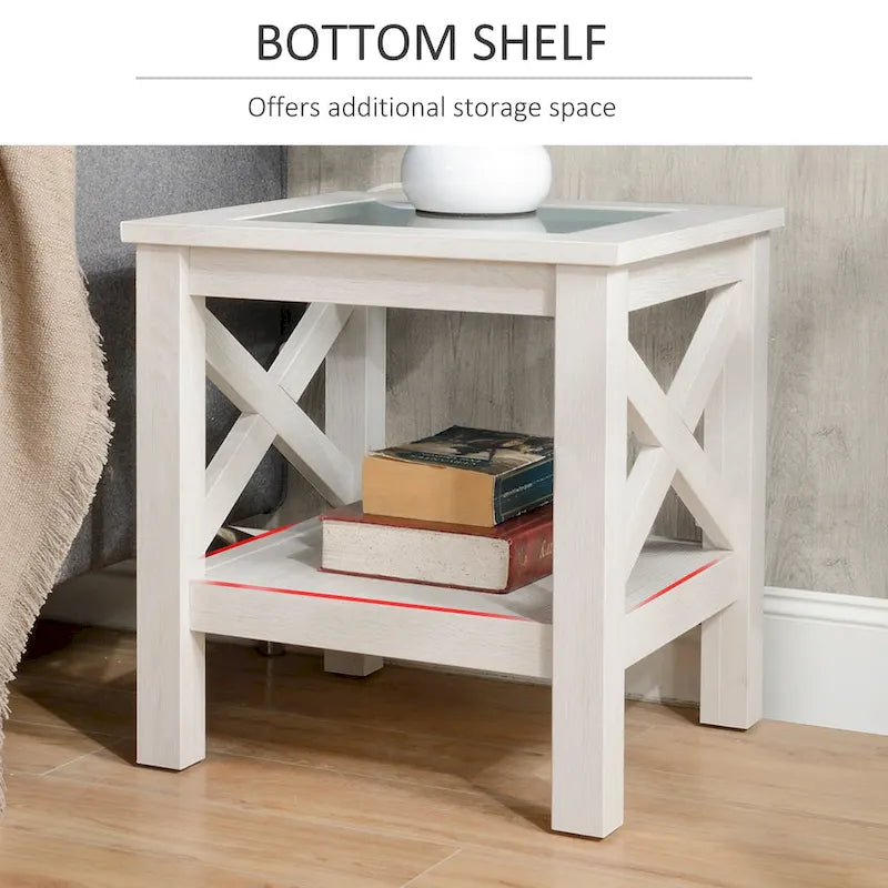 Table d'appoint traditionnelle, cadre en bois, plateau en verre trempé, avec étagère de rangement inférieure, coloris chêne blanc.