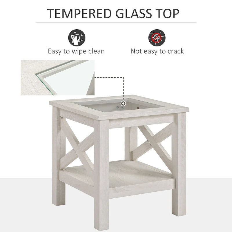 Table d'appoint traditionnelle, cadre en bois, plateau en verre trempé, avec étagère de rangement inférieure, coloris chêne blanc.