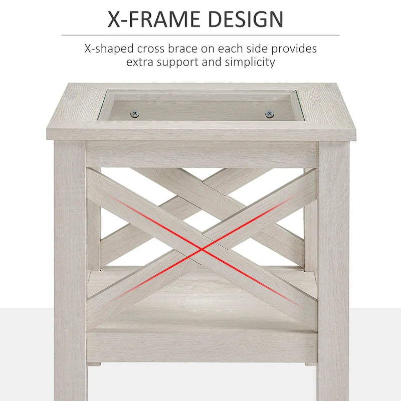 Table d'appoint traditionnelle, cadre en bois, plateau en verre trempé, avec étagère de rangement inférieure, coloris chêne blanc.