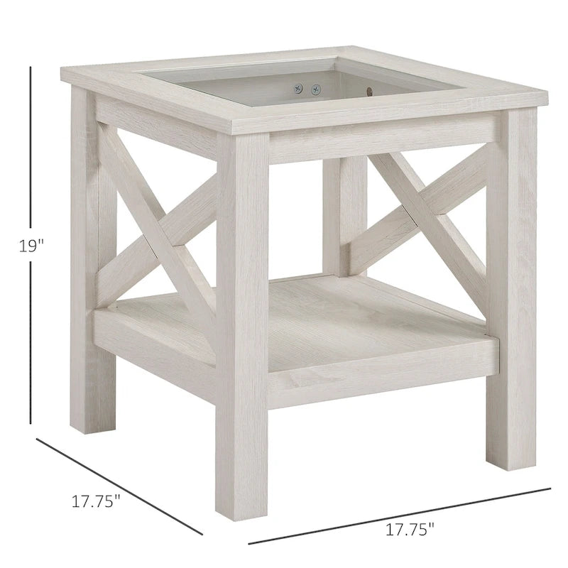 Table d'appoint traditionnelle, cadre en bois, plateau en verre trempé, avec étagère de rangement inférieure, coloris chêne blanc.