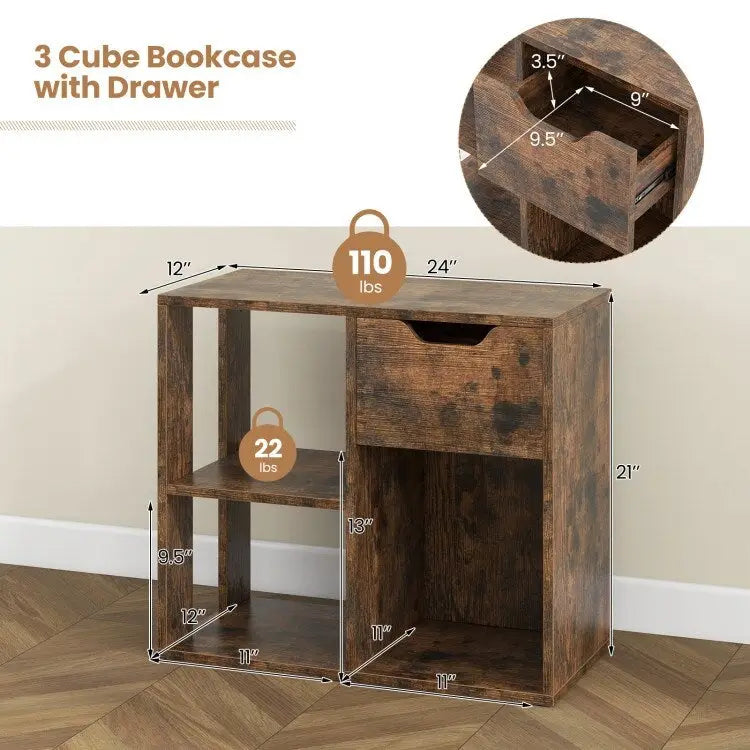 Table d'appoint à 3 niveaux avec étagère de rangement et tiroir - 23,5 x 12 x 20,5 (L x l x H)
