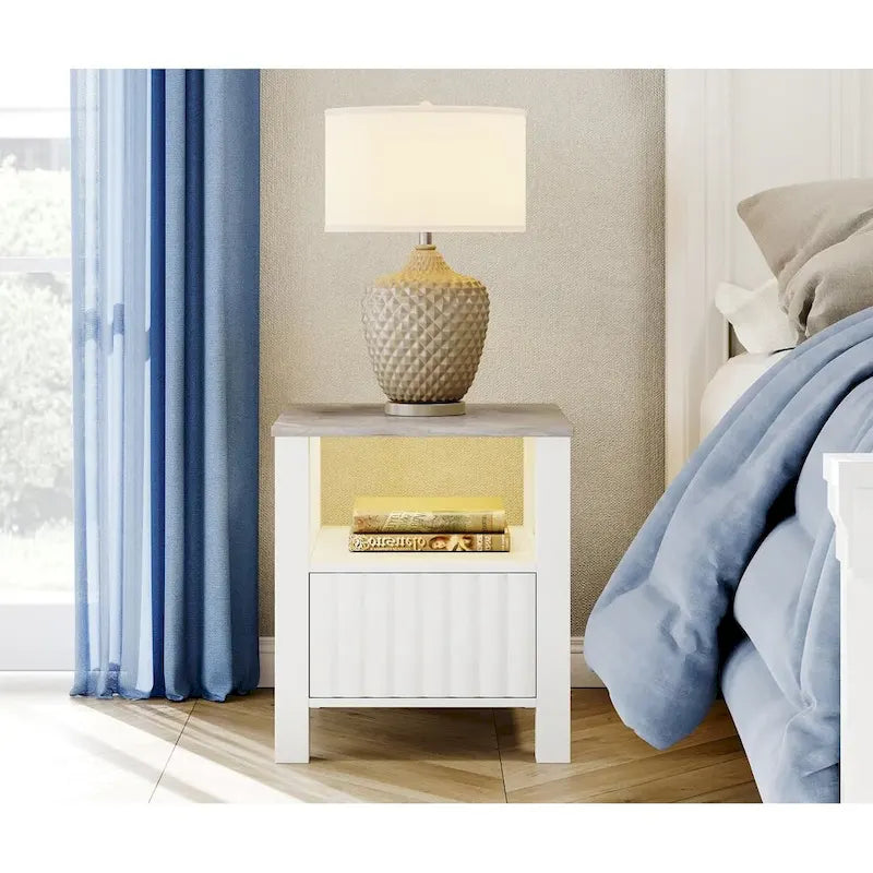 Table d'appoint avec éclairage LED, Table de chevet blanche avec rangement (lot de 2)