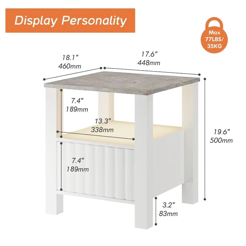 Table d'appoint avec éclairage LED, Table de chevet blanche avec rangement (lot de 2)