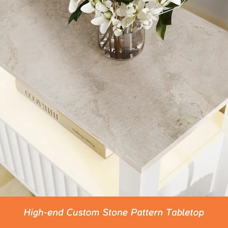 Table d'appoint avec éclairage LED, Table de chevet blanche avec rangement (lot de 2)