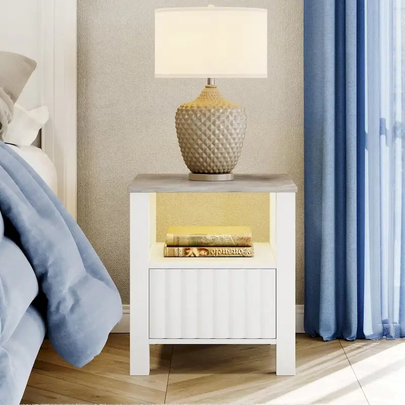 Table d'appoint avec éclairage LED, Table de chevet blanche avec rangement (lot de 2)