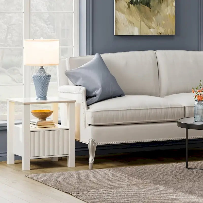 Table d'appoint avec éclairage LED, Table de chevet blanche avec rangement (lot de 2)