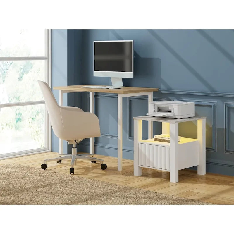 Table d'appoint avec éclairage LED, Table de chevet blanche avec rangement (lot de 2)