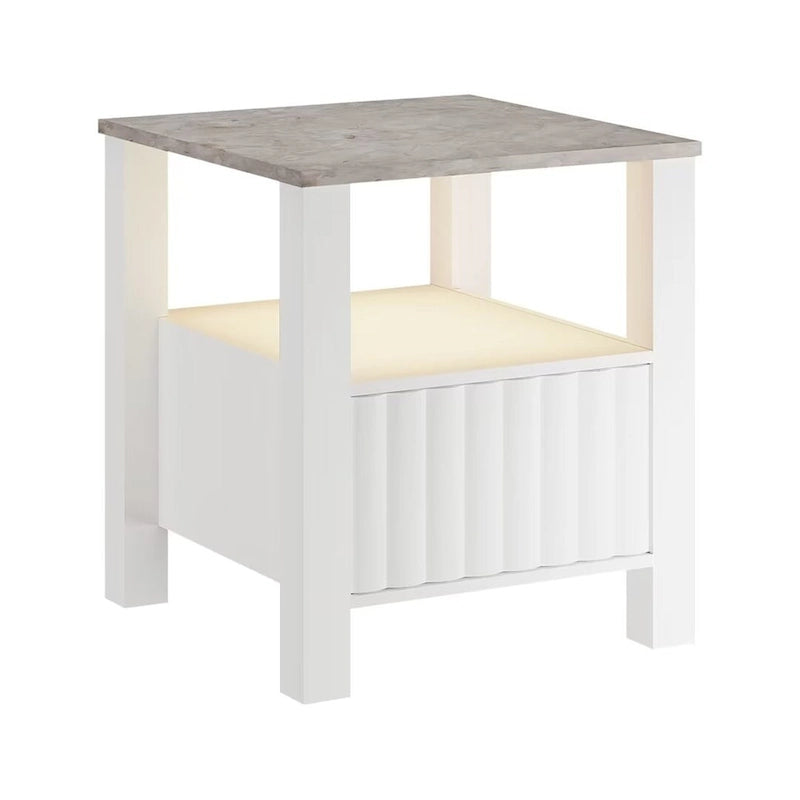 Table d'appoint avec éclairage LED, Table de chevet blanche avec rangement (lot de 2)