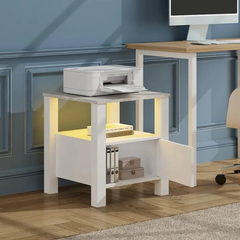 Table d'appoint avec éclairage LED, Table de chevet blanche avec rangement (lot de 2)