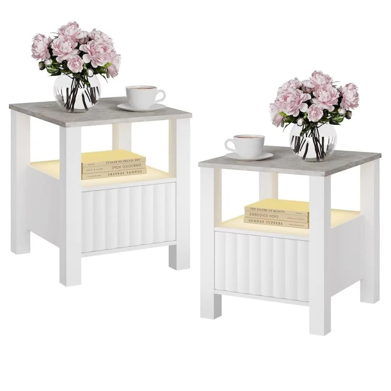 Table d'appoint avec éclairage LED, Table de chevet blanche avec rangement (lot de 2)