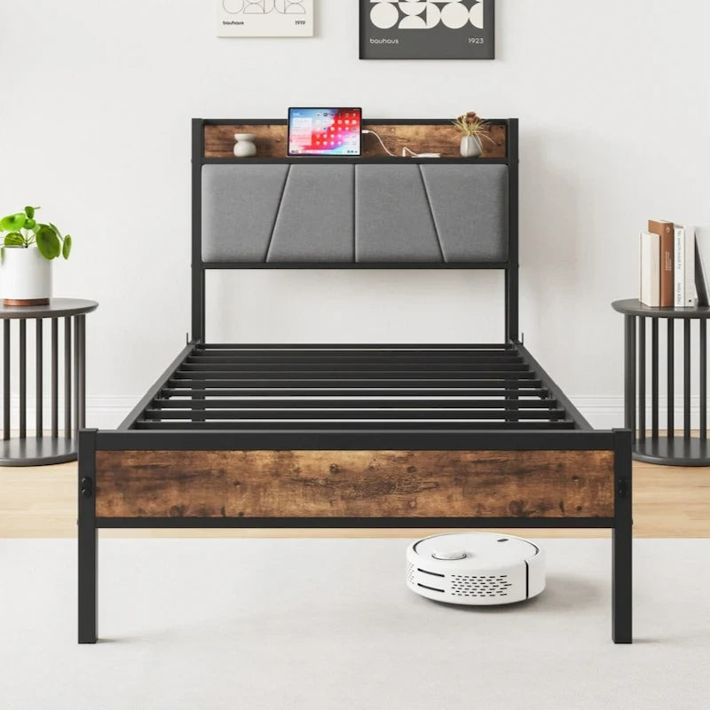 Twin Size Bed Frame, Storage Headboard with Charging Station, Solid and Stable, Black