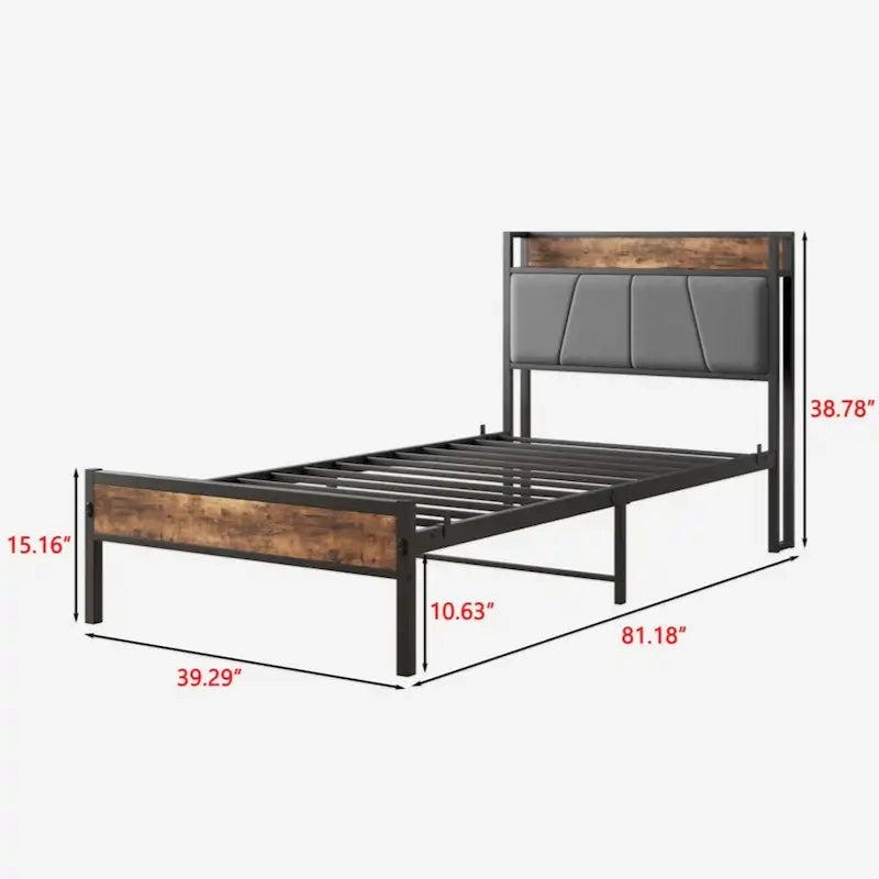 Cadre de lit double, tête de lit de rangement avec station de recharge, solide et stable, noir