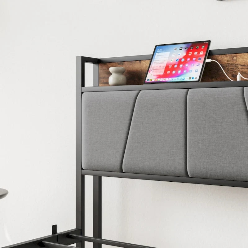 Cadre de lit double, tête de lit de rangement avec station de recharge, solide et stable, noir