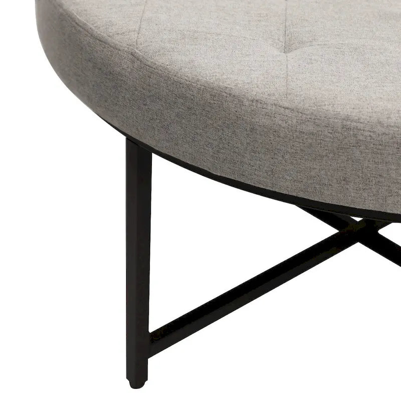 Pouf rond capitonné en coton et lin avec structure en fer