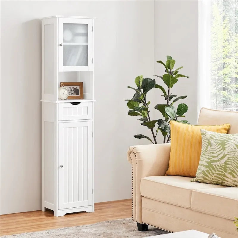 Meuble de rangement/meuble de cuisine autoportant avec portes vitrées, blanc - Sans objet